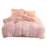 Yeknu  Winter Warm Long Plush Pink Bedding Set Queen Mink Velvet Double Duvet Cover Set with Fitted Sheet Warmth Quilt Covers