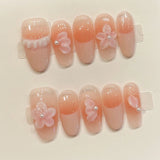 Yeknu  10Pcs French Oval False Nails 3D Handcarved Floral Design Handmade Press On Nails For Women Wearable Sweet Nude Pink Fake Nails