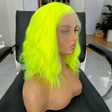 Yeknu  Short Curly Wavy Bob Wigs for Women Synthetic Free Part Shoulder Length Neon Green 13X4 Lace Front Wigs for Party Cosplay