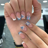 Yeknu  24 PCs Short French Pop Heart Nails with 1 Jelly Gel and 1 Nail File