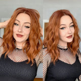 Yeknu  Short Wavy Curly Bob Wigs for Women Ginger Orange Shoulder Length Middle Part Copper Natural Wave Heat Resistant Cosplay Party
