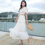 Yeknu  Jastie Spring Summer Vacation Beach Dress French Retro Embroidery Lace Maxi Dress Female V-neck Puff Sleeve Women Vestidos