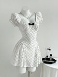 Yeknu  Elamini Sweet Polka Dot Patchwork Ruffle Petal Sleeve Bow Tie Waist Cute Mini Dress For Women