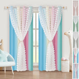 Yeknu  1/2Panel Blackout Curtain Double-Layer Pompom Grommet Eyelet Top Blackout Drape Voile Tulle Window Blind for Bedroom Living Room