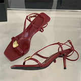 Yeknu  Summer Fashion Open Toe Sandals Women Metal Buckle Narrow Band Thin Low Heel Gladiator Party Shoes