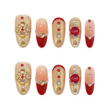 Yeknu  10Pcs Glitter Gold Sequins False Nails with Red Edge French Handmade Press on Nails Shiny Rhinestone Decor Fake Nails For Women