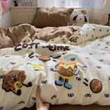 Yeknu Cartoon Animal Embroidery Bedding Set For Adults Kids Cute Flat Fitted Sheet With Pillowcases Washed Cotton Colorful Full Size