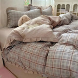 Yeknu  Ins Princess Style Washed Double-Layer Gauze Bedding Set - Thickened Crinkled Gauze Cute Dorm 3-Piece/4-Piece Sheet & Duvet Cove