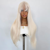 Yeknu  Platinum Blonde Layered Cut Wig with Bangs Long Silky Straight Lace Front Wigs for Women 13x4 Synthetic Hair Natural Hairline