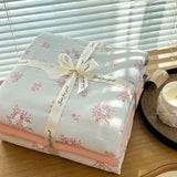 Yeknu Ins floral print Bedding set knitted cotton Flat sheet set Four pieces duvet cover double layer-yarn 4Pcs lovely Fitted sheet