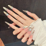 Yeknu  10PCS Pink Nude False Nail with Rhinestones Leopard Cat-Eye Fake Nails Women Girls Party Wedding Wear Handmade Press on Nails