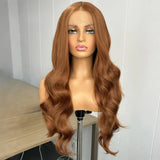 Yeknu  Ginger Brown Long Body Wave Synthetic Middle Part Natural Curly Loose Wavy Reddish Brown Heat Resistant Fiber Wigs for Women