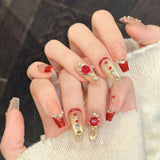 Yeknu  10Pcs Glitter Gold Sequins False Nails with Red Edge French Handmade Press on Nails Shiny Rhinestone Decor Fake Nails For Women