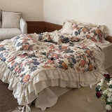 Yeknu  Vintage Oil Painting Floral Cotton Linen Bedding Set Double Layer Lace Ruffles Duvet Cover Set Bed Sheet Pillowcase