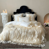 Yeknu  Chiffon Ruffled Lace Ruffles Embroidery Princess Wedding Bedding Set Egyptian Cotton Duvet Cover Quilted Bedspread Pillowcases