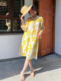 Yeknu  Three-quarter Sleeve Dresses Elegant Loose A-line Print Dress Women Summer Slim Gentle Stand-up Collar Floral Dress