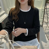 Yeknu  100% Cotton Women O-neck Color Blocking Long Sleeved Shirt Spring and Autumn Loose Fashionable Knitted Long Sleeves High Quality