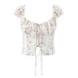 Yeknu  Summer Puff Sleeve French Floral Printed Shirts Elastic Back Sexy Crop Tops Slim Short Top