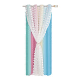 Yeknu  1/2Panel Blackout Curtain Double-Layer Pompom Grommet Eyelet Top Blackout Drape Voile Tulle Window Blind for Bedroom Living Room