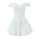 Yeknu  European And American Style Summer White Women's Mini Dress One Shoulder Heavy Lace Embroidery Waist Puffy Dress
