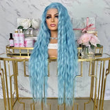 Yeknu  Blue Curly Wigs for Women Synthetic Lace Front Wig Long Loose Curly Blue Wig Heat Resistant Fiber Hair Wig Cosplay Party