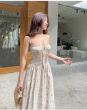 Yeknu  Sleeveless Suspender Bohemian Printed Dresses Women New Lace Stitching Lace Waist Back Midi Dress Beach Female Vestidos