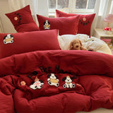Yeknu Solid Colour embroidery Bedding Set For adults kids Ankela Red Red Flat Sheet With Pillowcases Colorful King Queen Full size