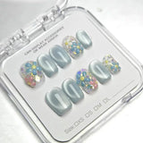 Yeknu  10pcs Glass Bead Cat's Eye Handmade Nails Nude 3D Floral Press on Nail Short Square Full Coverage Nail Tips for Women&Girl Nails