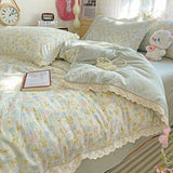 Yeknu Floral Bedding Set Korean Style Duvet Cover Set Bed Linen Set Flat Sheets Set 2 Pillowcases Single Double Queen Size For Student