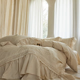 Yeknu  Lace Ruffles Flower Butterfly Embroidery Bedding Set 20% Linen and 80% Cotton Duvet Cover Flat/Fitted Bed Sheet Pillowcase 4Pcs