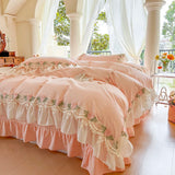 Yeknu  Korean Style Soft Cotton 3D Rose Lace Bedding Set, King Queen Luxury Princess Duvet Cover Bed Skirt Bedspread,High end Home 4pcs