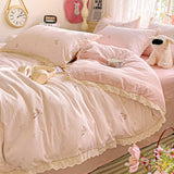 Yeknu  new small fresh printing French lace lace double four-piece set bedding wrinkled yarn student three-piece set