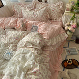 Yeknu 3/4Pcs Korean Princess Style Floral Ruffles Bedding Set Skin-friendly Soft Duvet Cover Set Bed Sheet Or Bed Skirt Pillowcases