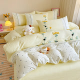 Yeknu 100% Cotton Bedding Set Ins Korean Floral Embroidered Lace Trim Duvet Cover Bed Linen Bed Sheets Set Pillowcase Twin Double Size
