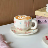 Yeknu 1Set Asymmetrical Hand-Kneaded Bow Coffee Cup and Saucer, Niche Design Bow Coffee Cup and Saucer, Exquisite High-End Coffee Cup, Suitable for Home Decoration, Breakfast Milk Bread, Afternoon Tea Coffee Cake, Party Cup a
