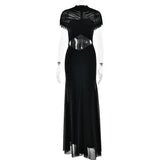 Yeknu  Women Ruched Cutout Maxi Dress Solid Mesh Yoke High Neck Evening Elegant Women Vestido Fashion Glamorous Lady Party Gown