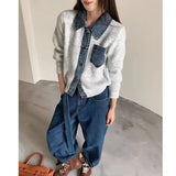 Yeknu  Knitted Autumn Winter Cardigan Women Denim Patchwork Fashion Ladies Cardigans Casual Loose Woman Sweater Coats