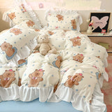 Yeknu  New Yunsoft Cotton Korean INS Age Reduction Lace Cartoon Four-Piece Set Quilt Cover Set Girls Bedding Set