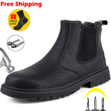 Yeknu Leather Work & Safety Boots Men Chelsea Boots Indestructible Male Work Shoes Men Winter Boots Safety Shoes Men Steel Toe Shoes
