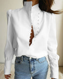 Yeknu Elegant Turtleneck Blouse Long Sleeve White Shirt Office Ladies Top Casual Solid Single-Breasted Puff Sleeve Womens Blouses