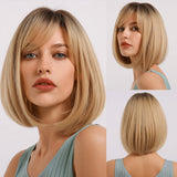 Yeknu Synthetic Hair Brown Ombre to blonde Medium Long Straight Bob Wig with Bangs for Women Natural Cosplay Wigs Heat Resistant