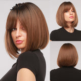 Yeknu Synthetic Hair Brown Ombre to blonde Medium Long Straight Bob Wig with Bangs for Women Natural Cosplay Wigs Heat Resistant