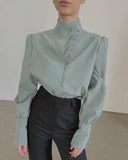 Yeknu Elegant Turtleneck Blouse Long Sleeve White Shirt Office Ladies Top Casual Solid Single-Breasted Puff Sleeve Womens Blouses