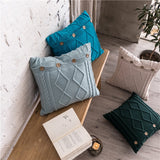 Yeknu Nordic Solid  Pillow Cover 18" Double Cable Knit Diamond Cushion Cove Blue Dark Green Turquoise Ivory Button 45cm*45cm Soft