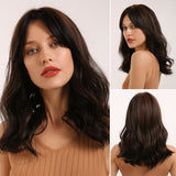 Yeknu Synthetic Dark Brown Wig Long Wave Wigs for Women Hair Wig With Bangs Heat Resistant Party Daily Natural Use