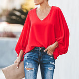 Yeknu Plus Size Long Lantern Sleeve Chiffon Shirt Women Spring Summer Fall Solid Color V-neck Loose Blouse Female Fashion Casual Tops