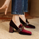 Yeknu Spring Autumn New Retro Suede High Heels Shoes for Women Square Toe Square Heel Shoes for Women 7cm High Heels Womens Shoes