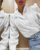 Yeknu Elegant Turtleneck Blouse Long Sleeve White Shirt Office Ladies Top Casual Solid Single-Breasted Puff Sleeve Womens Blouses