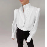 Yeknu Elegant Turtleneck Blouse Long Sleeve White Shirt Office Ladies Top Casual Solid Single-Breasted Puff Sleeve Womens Blouses