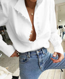 Yeknu Elegant Turtleneck Blouse Long Sleeve White Shirt Office Ladies Top Casual Solid Single-Breasted Puff Sleeve Womens Blouses